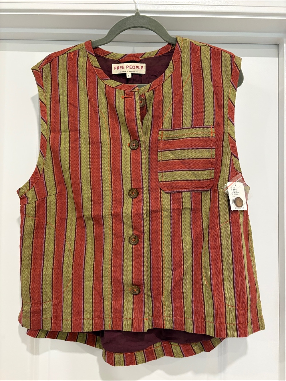 Free People Striped Button Vest in Red and Olive
